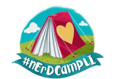 nErD Camp LI logo, an open book "pitched" to create a tent